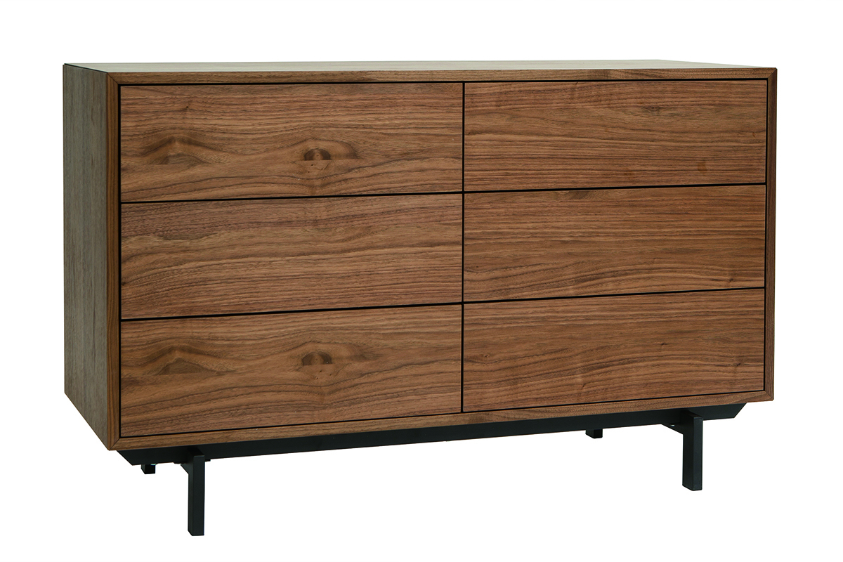 Commode vintage bois fonc� et m�tal noir, six tiroirs, vue de trois-quarts, design MANNY.