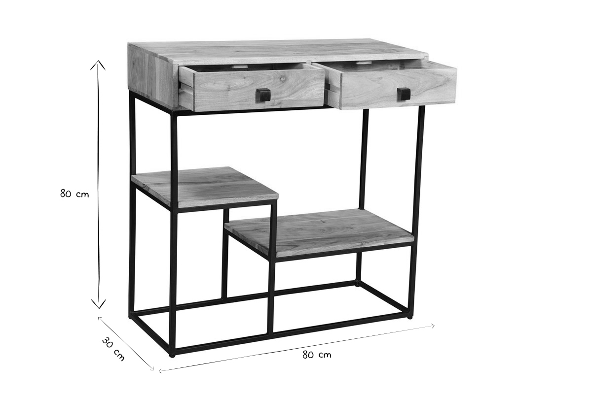 Console avec rangements 2 tiroirs en bois massif et m�tal noir L80 cm GRENELLE
