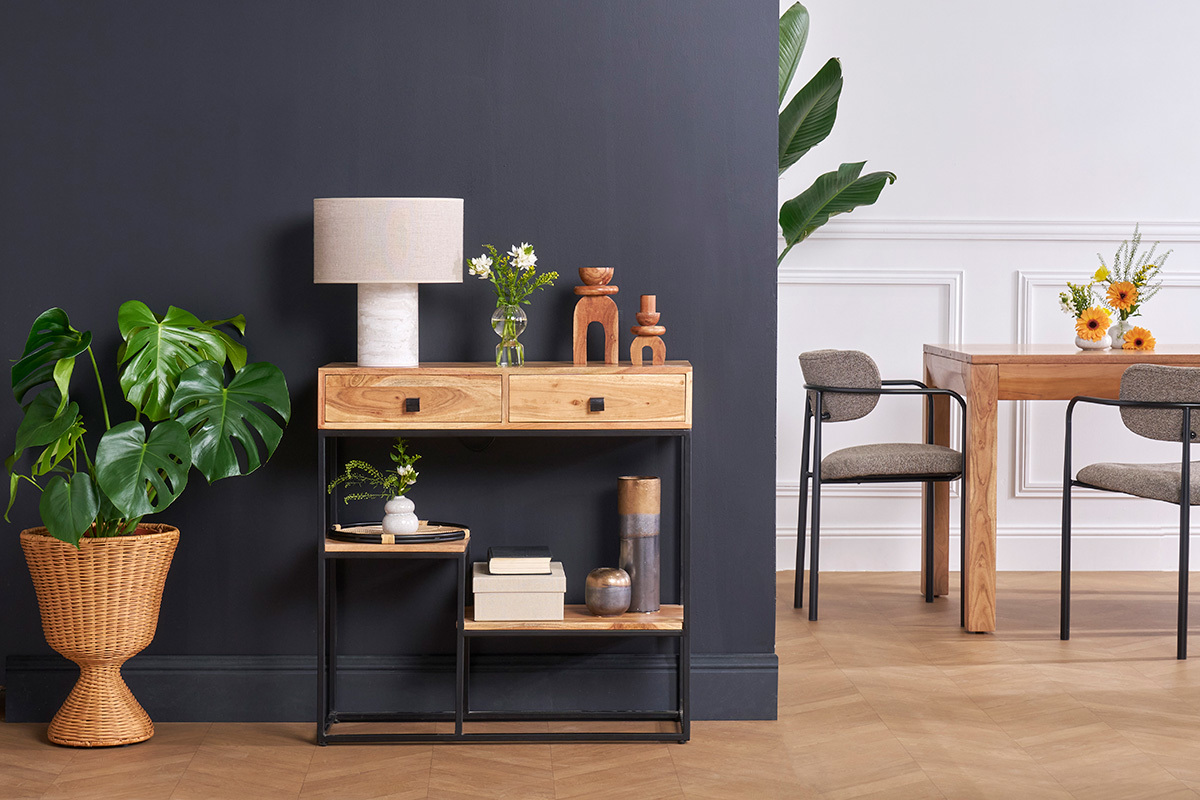 Console avec rangements 2 tiroirs en bois massif et m�tal noir L80 cm GRENELLE