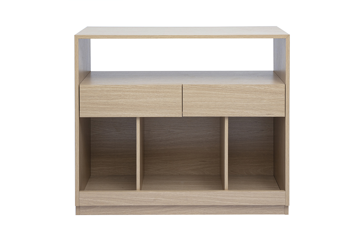 Console en bois clair avec deux tiroirs et trois niches. Vue de face.