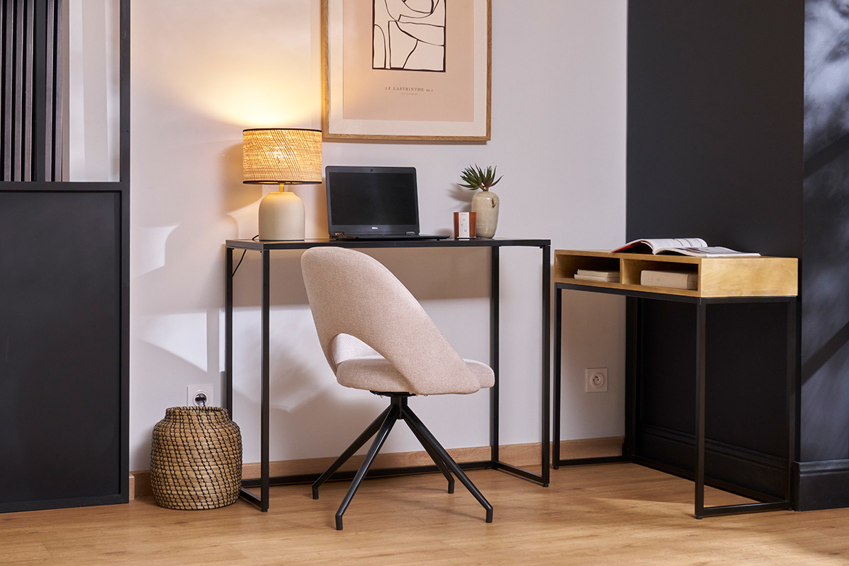 Console bureau d'appoint avec rangements casiers en bois manguier massif et m�tal noir L100 cm YPKA