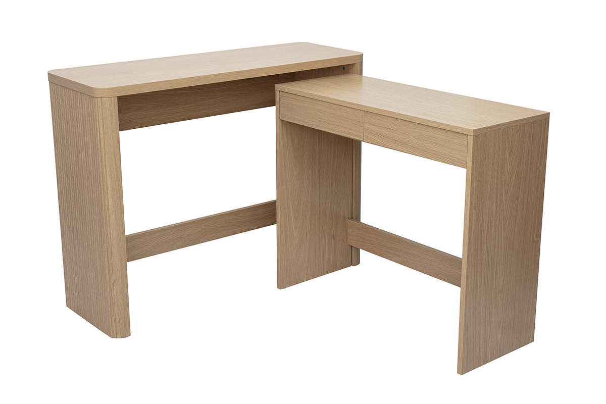 Console bureau d'appoint ENOLA avec tiroirs, finition bois clair ch�ne, vue de face.