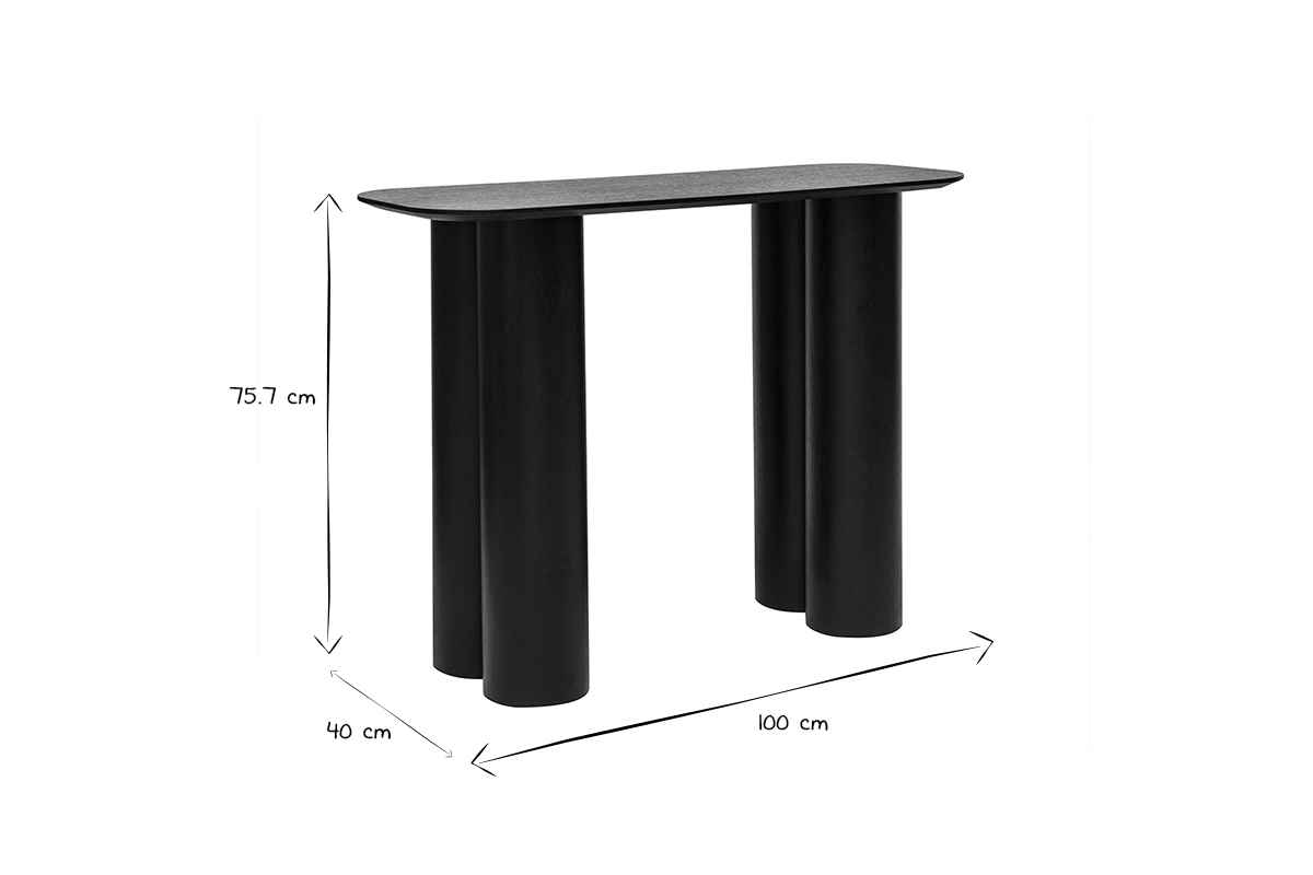 Dimensions de la console design en bois noir FOLEEN, L100 x P40 x H75.7 cm, vue de c�t�, noir et blanc.