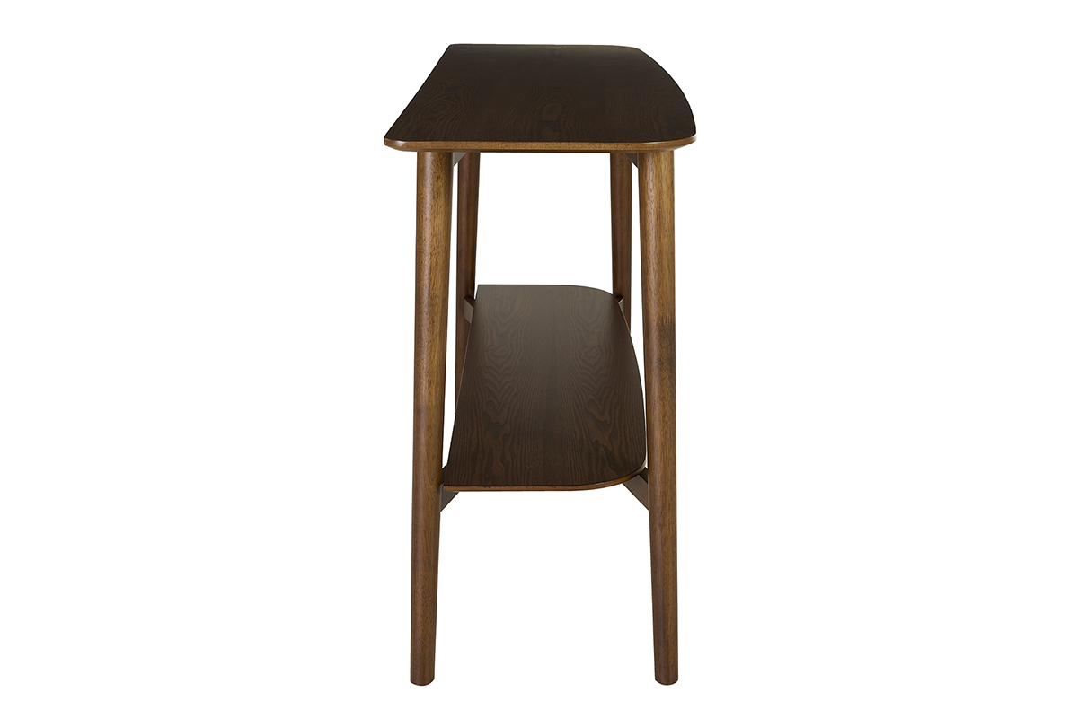 Console en bois fonc� CENDY vue de c�t�, double plateaux arrondis.