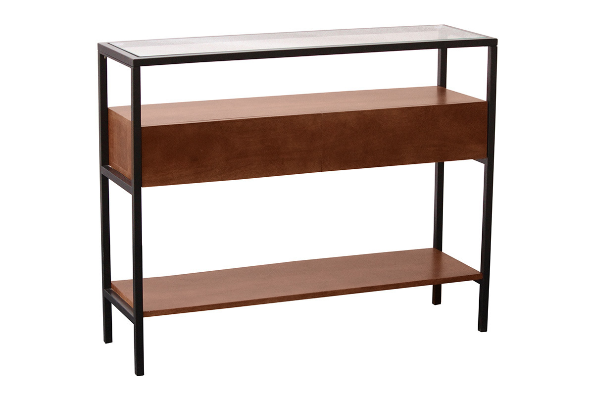 Console SITA en bois fonc� manguier massif avec plateau en verre, deux tiroirs, vue de 3/4