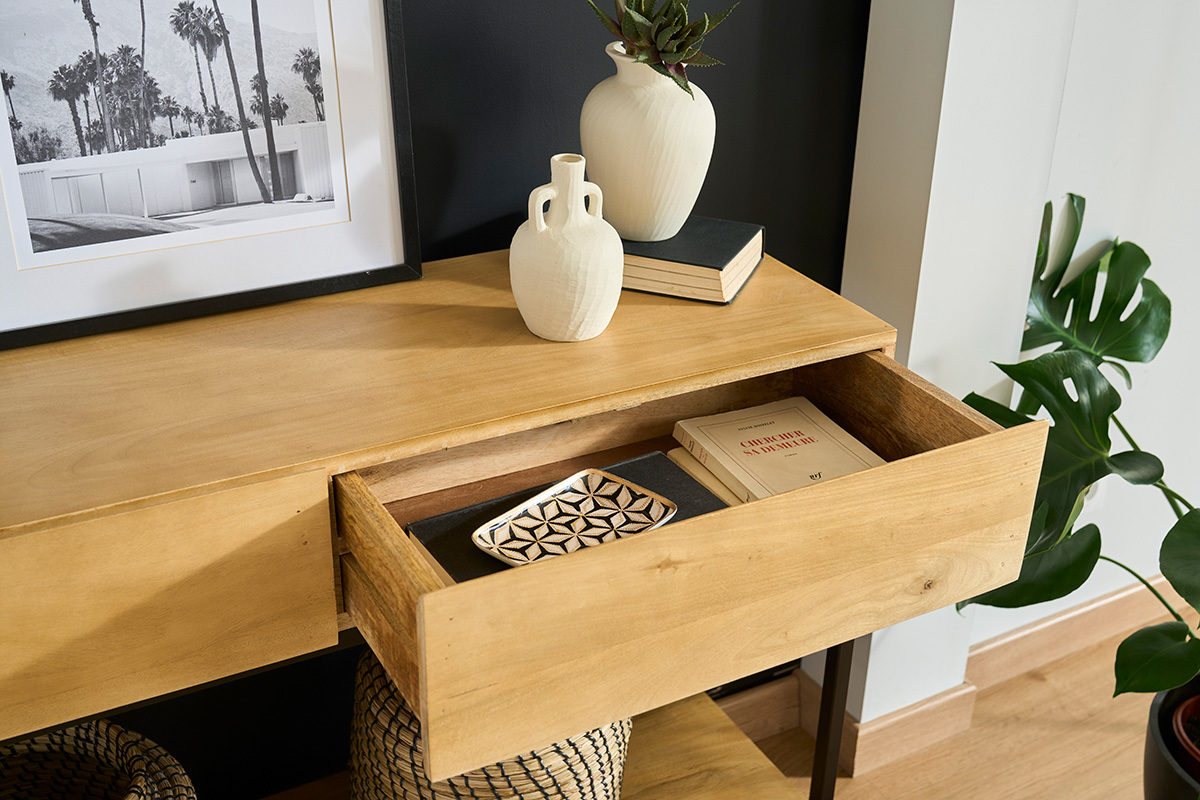 Console industrielle avec 2 tiroirs en bois manguier massif et m�tal noir, tiroir ouvert