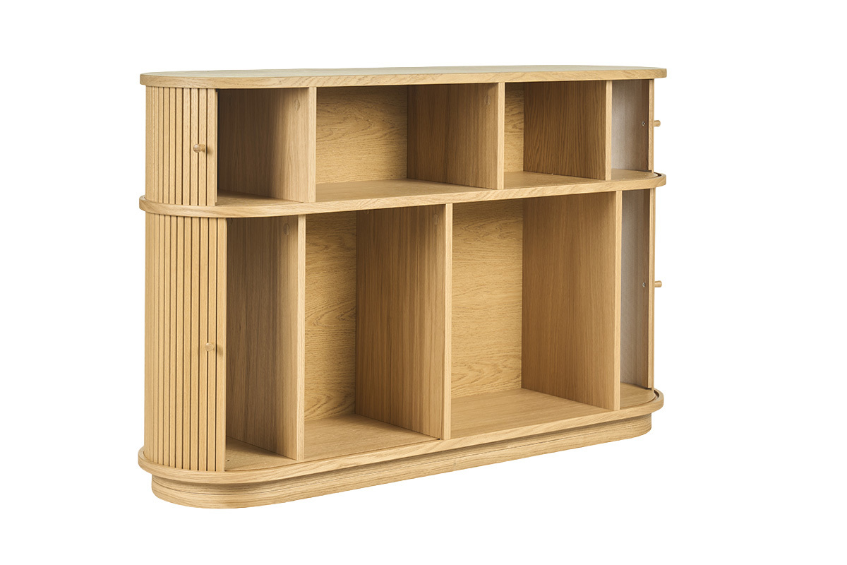 Console en bois clair ch�ne avec portes coulissantes ouvertes, vue de 3/4.