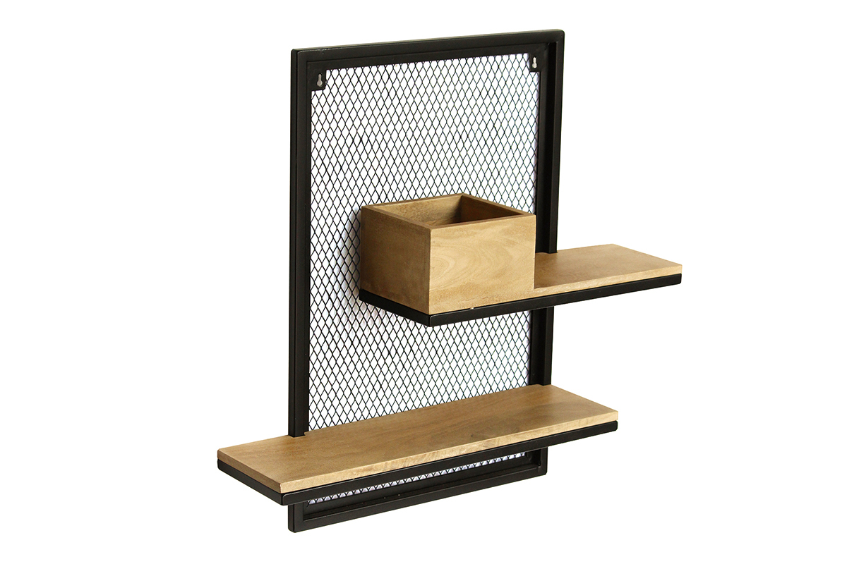 Etag�re murale double en bois manguier massif et m�tal noir L40 cm RACK