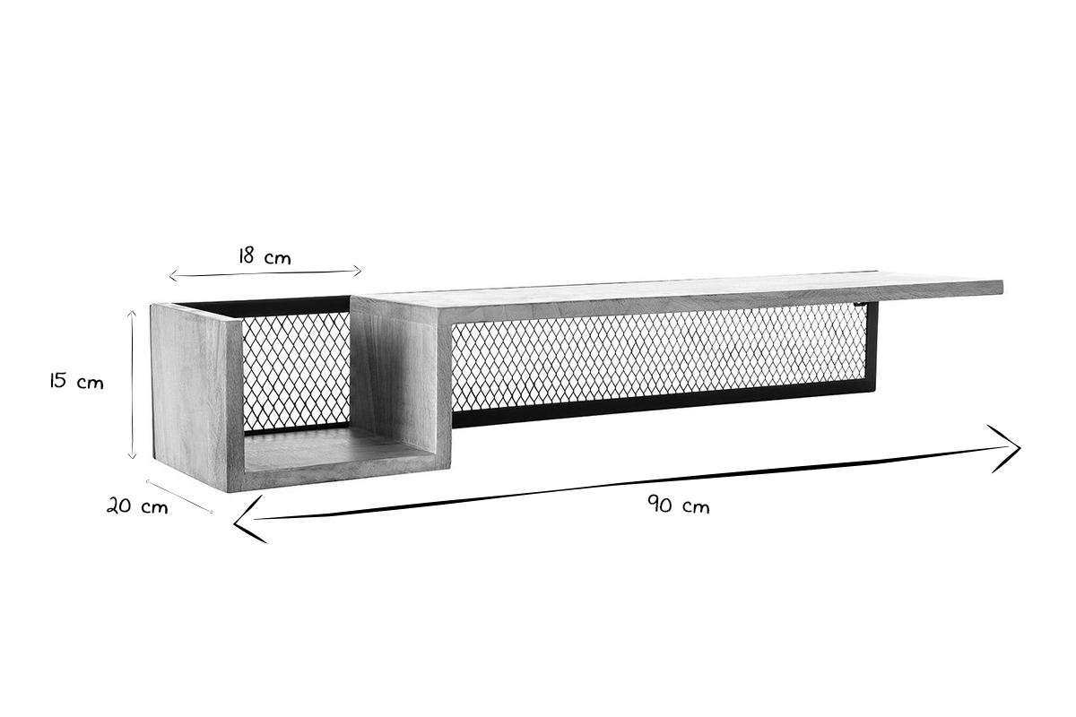 Dimensions de l'�tag�re murale industrielle en bois et m�tal noir, L90 x P20 x H15 cm en noir et blanc.