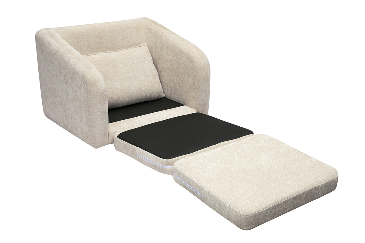 Fauteuil convertible beige effet velours textur� avec matelas d�pli�.