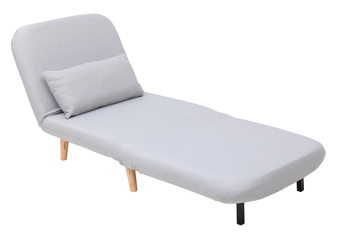 Fauteuil convertible gris clair en position lit avec pieds en bois clair, vu de c�t�.