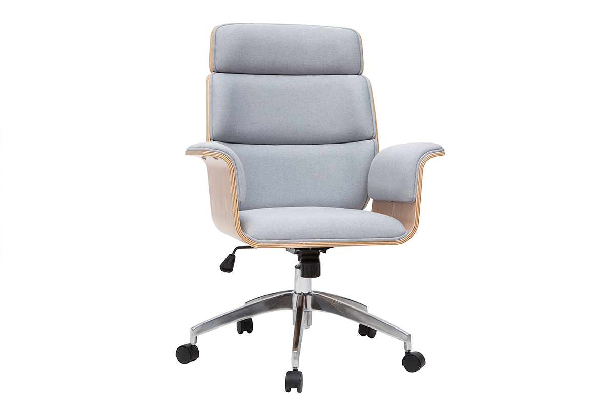 Fauteuil de bureau design en tissu gris, bois clair et acier chrom�, vue de 3/4.