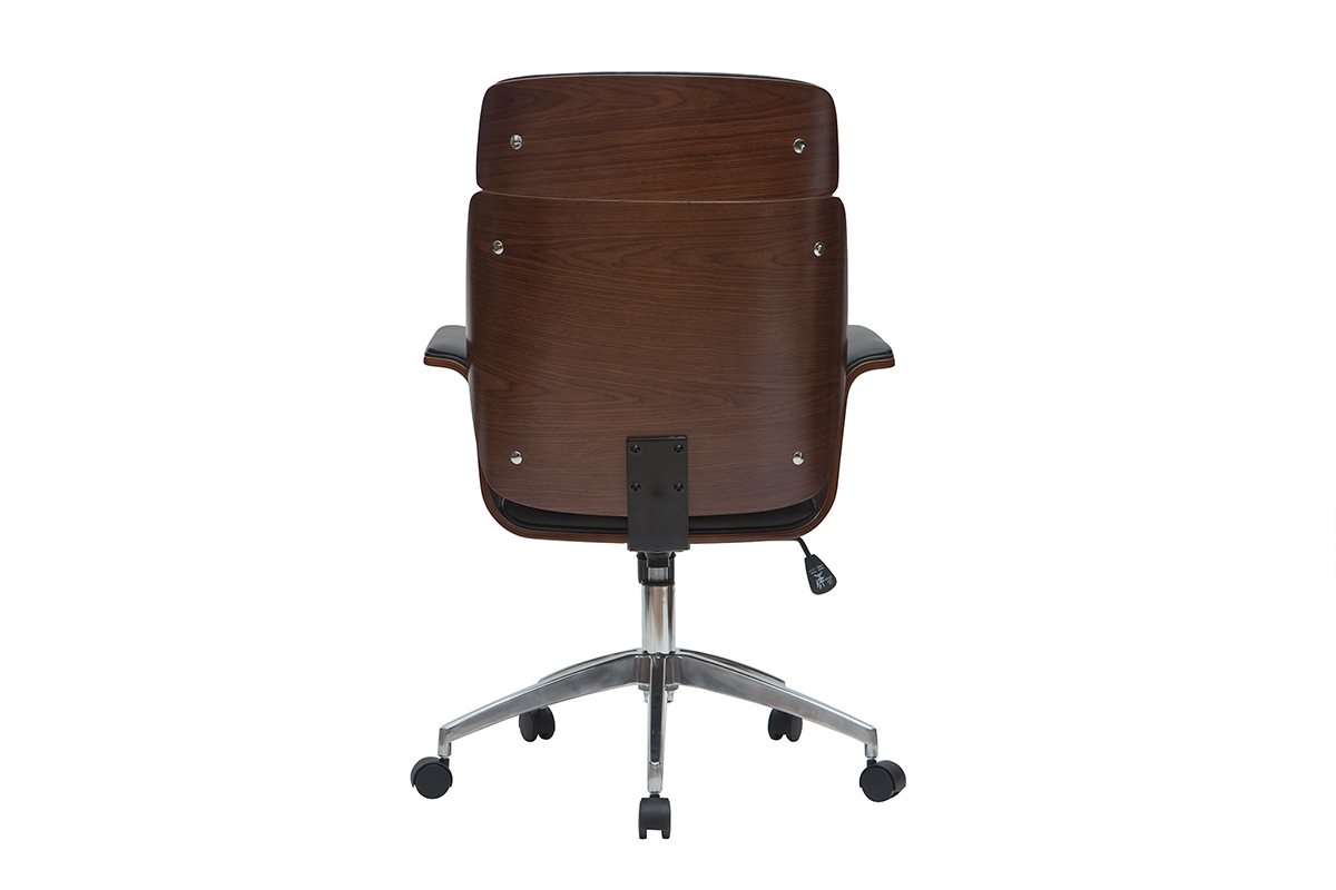 Fauteuil de bureau � roulettes design noir, bois fonc� noyer et acier chrom� ELON