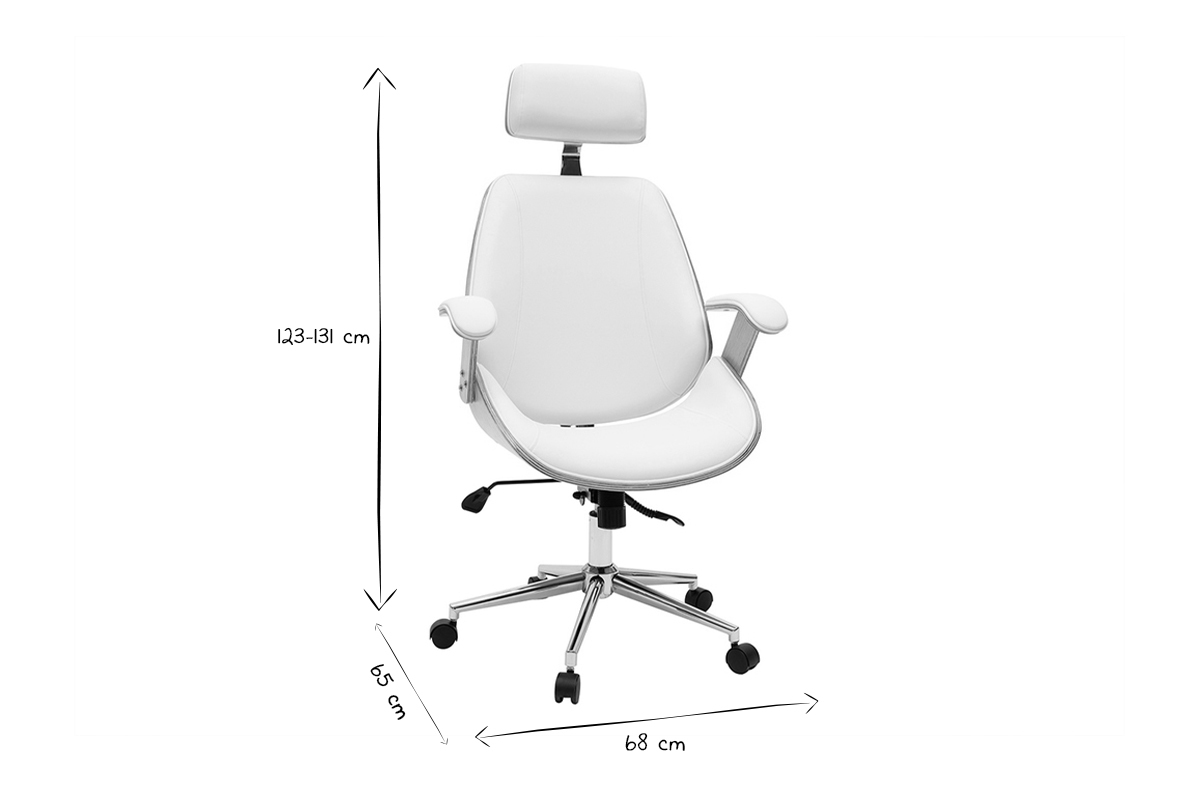 Fauteuil de bureau MUSK en noir et blanc avec dimensions, vue de face.