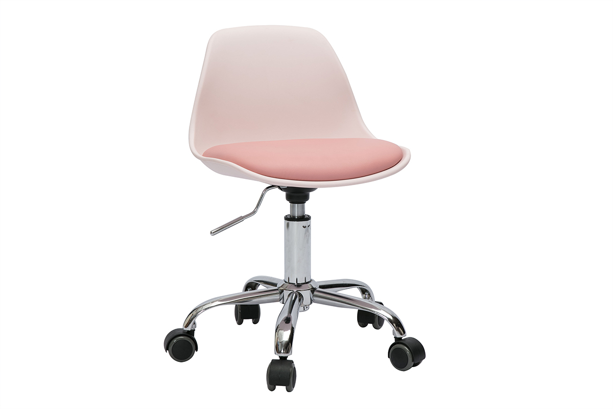 Fauteuil de bureau enfant rose STEEVY � roulettes avec pied en m�tal chrom�, vue de 3/4
