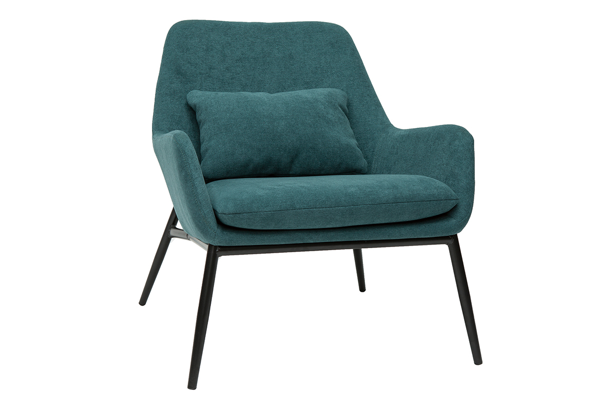 Fauteuil design en tissu effet velours bleu canard et m�tal noir MAXINE