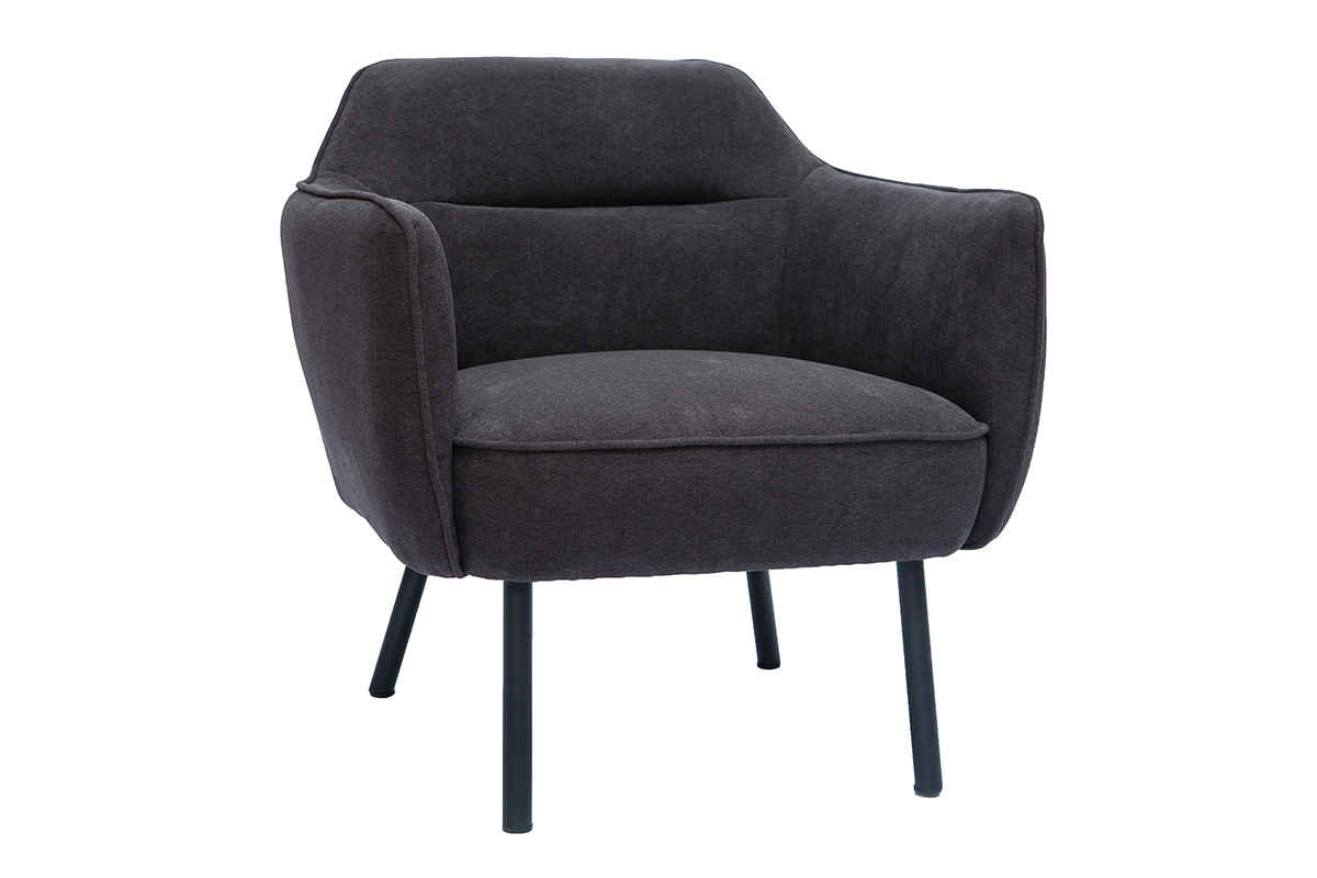 Fauteuil design en tissu velours gris fonc� avec pieds en m�tal noir, vue de trois-quarts