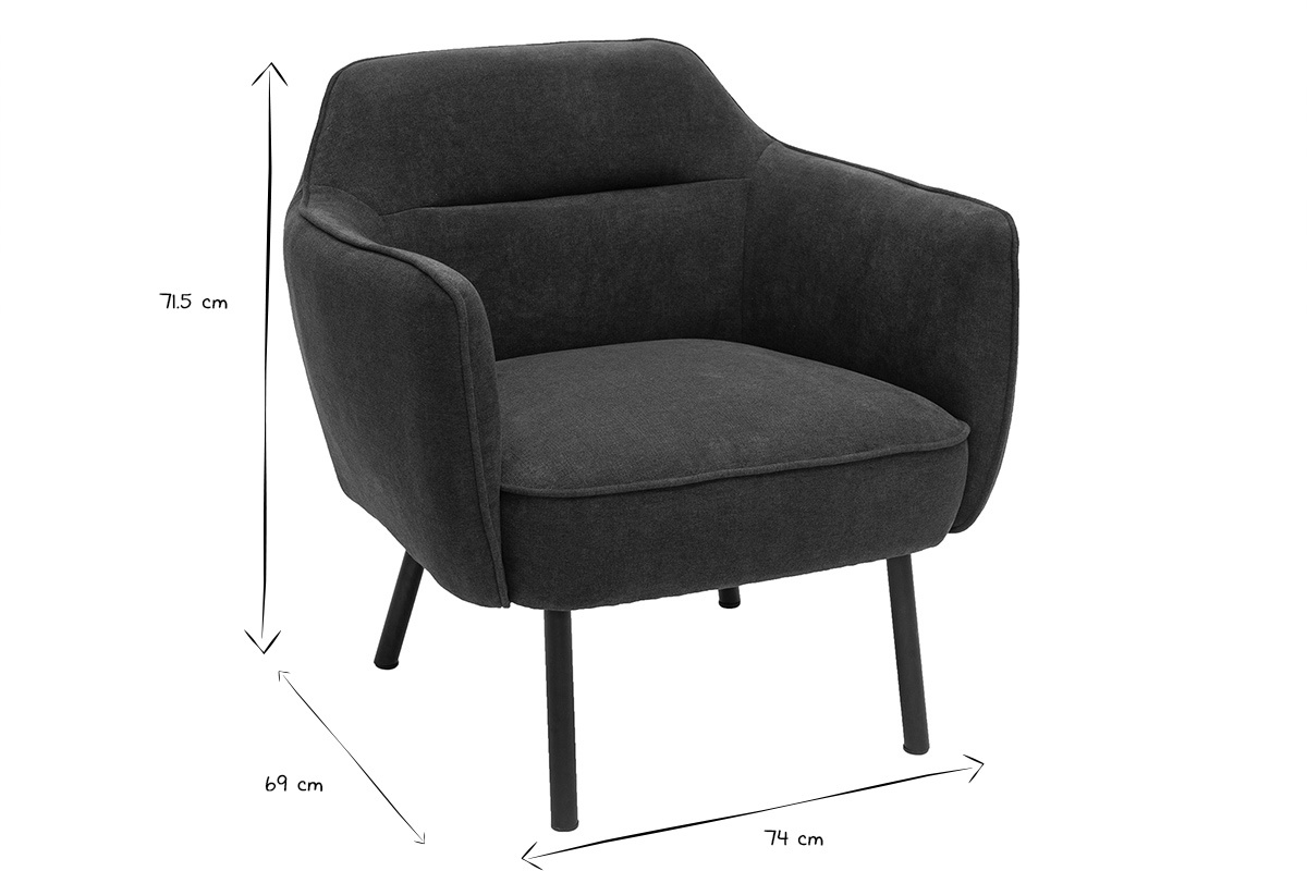 Dimensions du fauteuil design LAURENS en noir et blanc : hauteur 71,5 cm, largeur 69 cm, profondeur 74 cm.