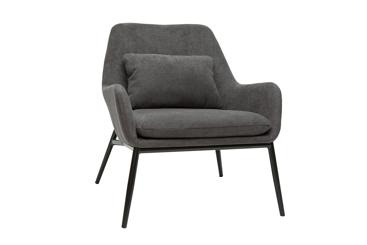 Fauteuil design tissu velours gris fonc� et m�tal noir, vue de 3/4.