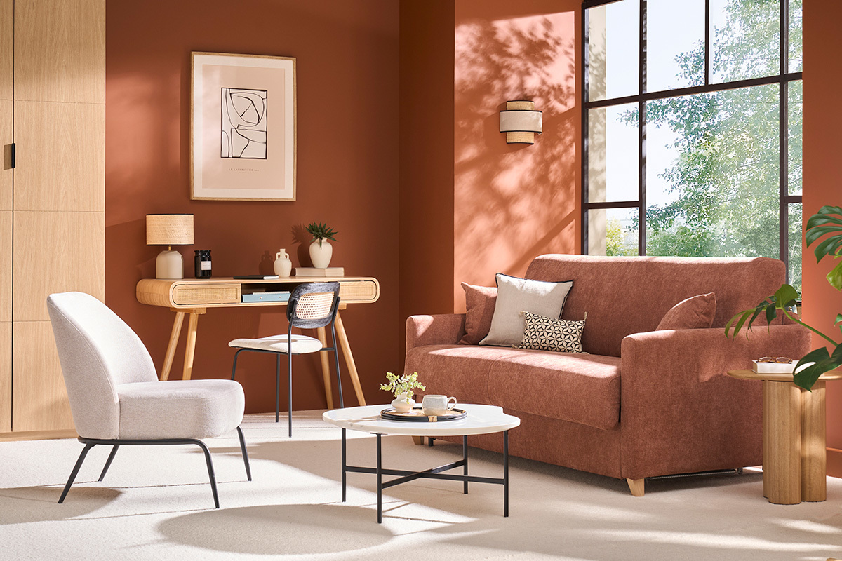 Fauteuil design en tissu effet velours textur� beige et m�tal noir BREGO