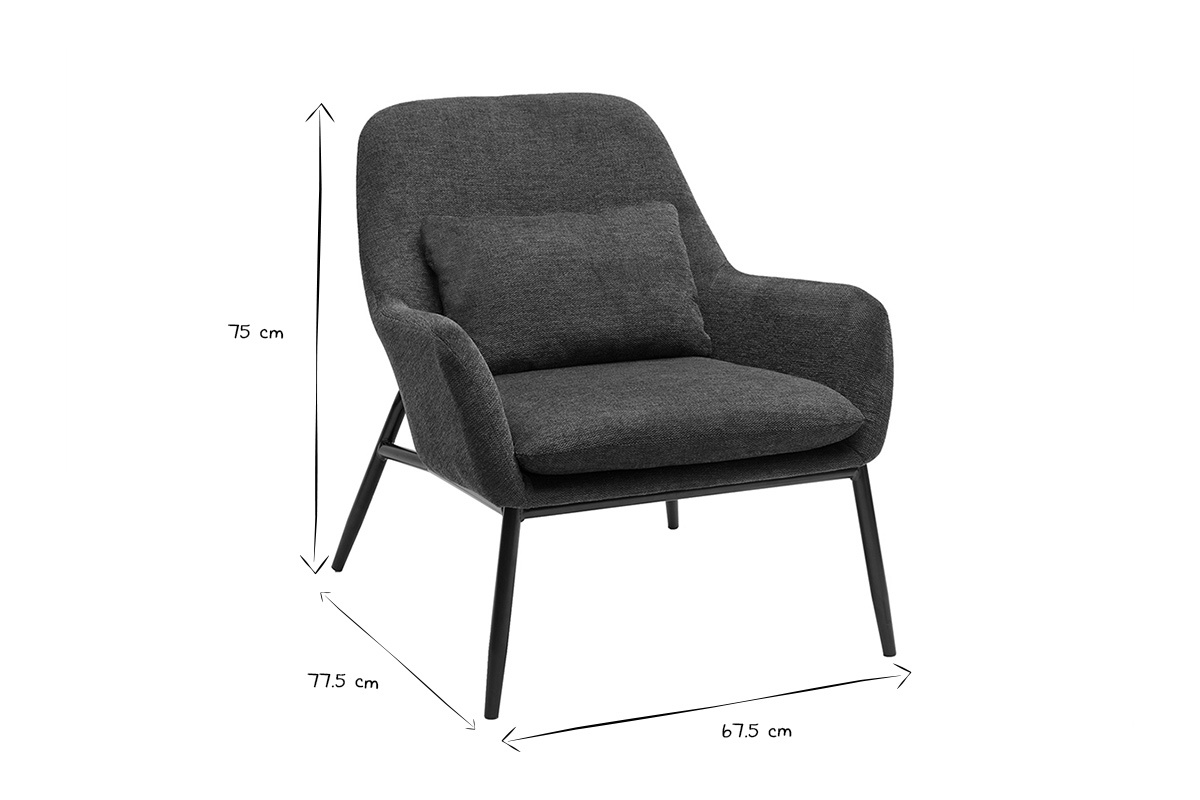Fauteuil design bleu fonc� en tissu effet velours avec pieds en m�tal noir, dimensions L67.5 x P77.5 x H75 cm
