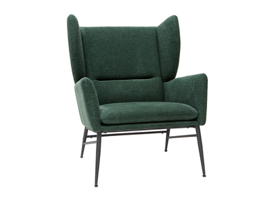 Fauteuil design en tissu effet velours textur&eacute; vert et m&eacute;tal noir COME