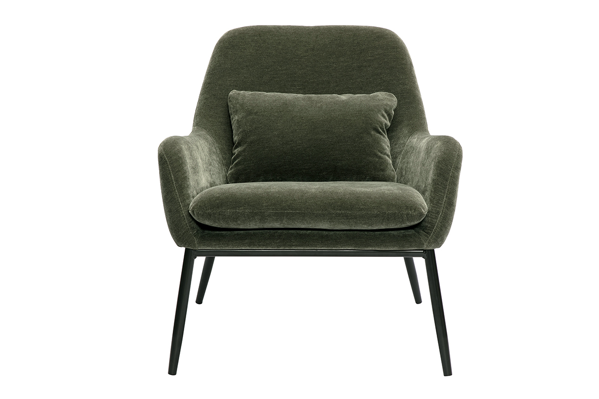 Fauteuil design vert kaki en tissu effet velours avec pieds en m�tal noir MAXINE.