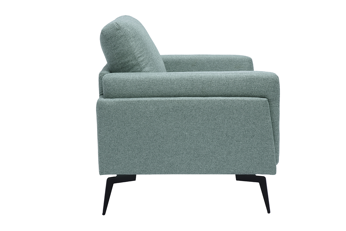 Fauteuil design MOSCO en tissu vert de gris avec pieds en m�tal noir, vue de profil.