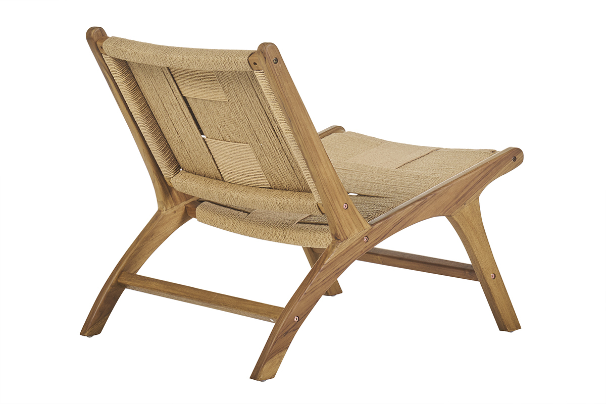 Fauteuil lounge YARI en teck et corde tress�e, vue arri�re 3/4.