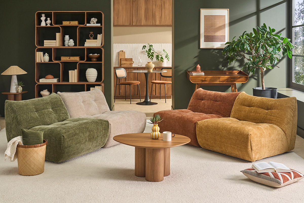 Fauteuil lounge en tissu effet velours textur� terre br�l�e BUMPY