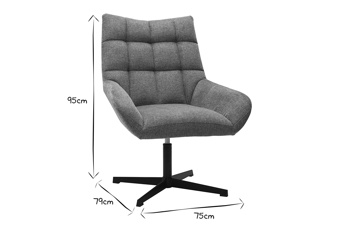 Fauteuil pivotant design en tissu effet velours texur� gris et m�tal noir KING