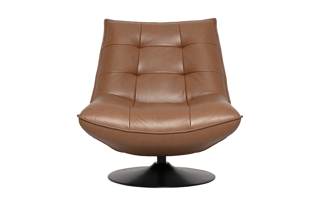 Fauteuil pivotant en cuir marron et m�tal noir HUXLEY, vue de face