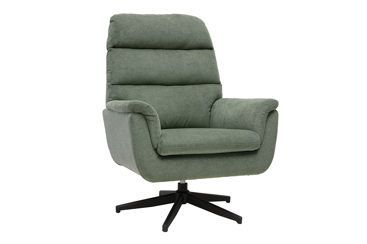Fauteuil pivotant en tissu vert kaki avec base en m�tal noir, vue de trois quarts.