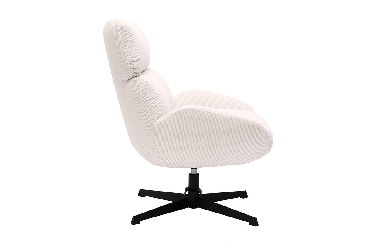 Fauteuil pivotant en tissu velours c�tel� �cru et m�tal noir KLEM