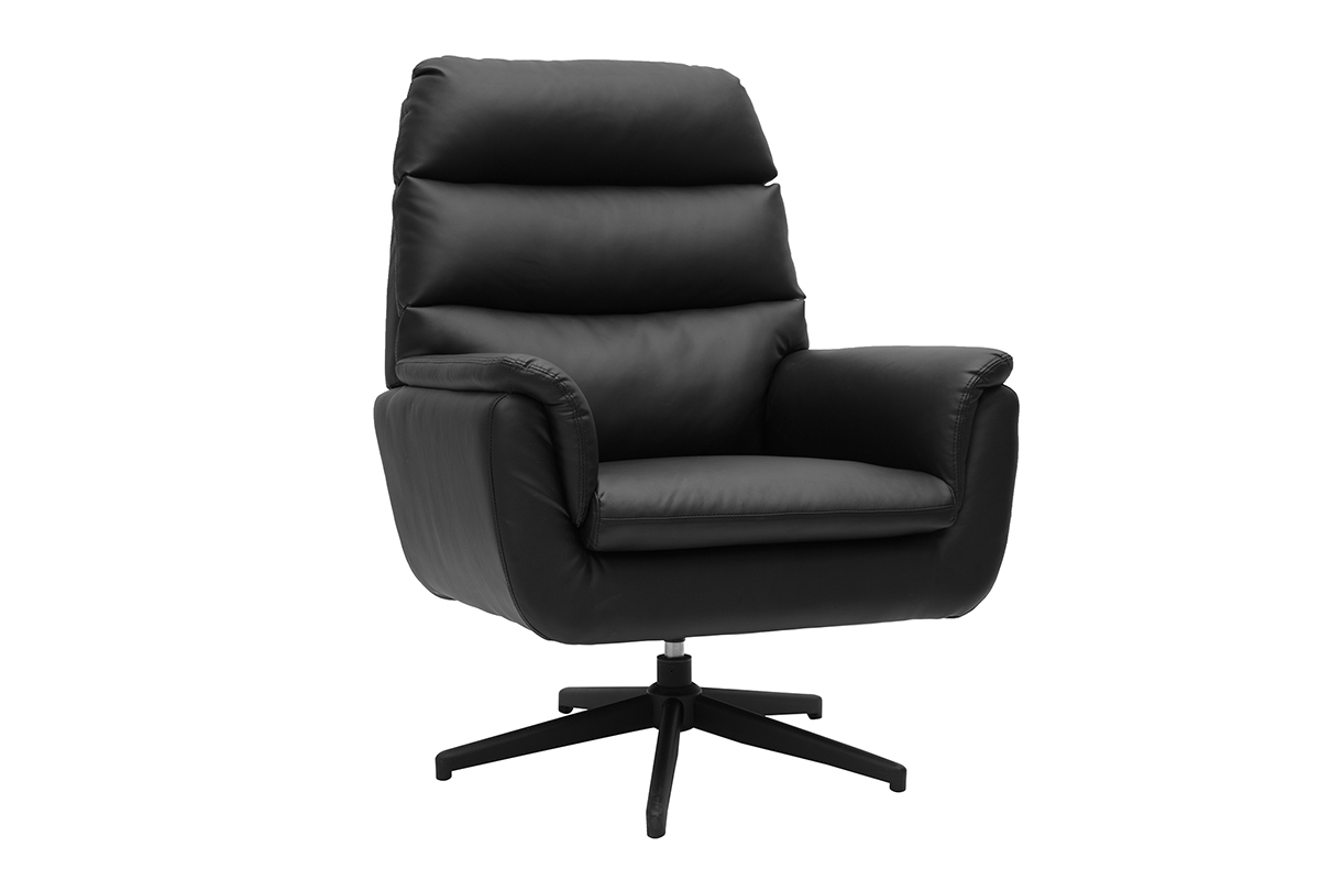 Fauteuil pivotant noir JONAH avec base m�tallique noire, dossier segment�, et accoudoirs rembourr�s. Vue de 3/4.