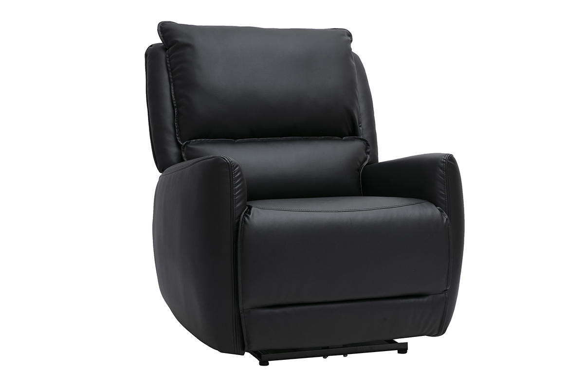 Fauteuil relax �lectrique noir RACHEL, vue de trois quarts avec accoudoirs et coussins de soutien.