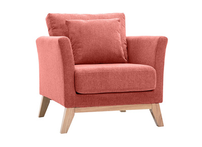 Fauteuil scandinave d&eacute;houssable en tissu effet velours textur&eacute; terracotta et bois clair OSLO