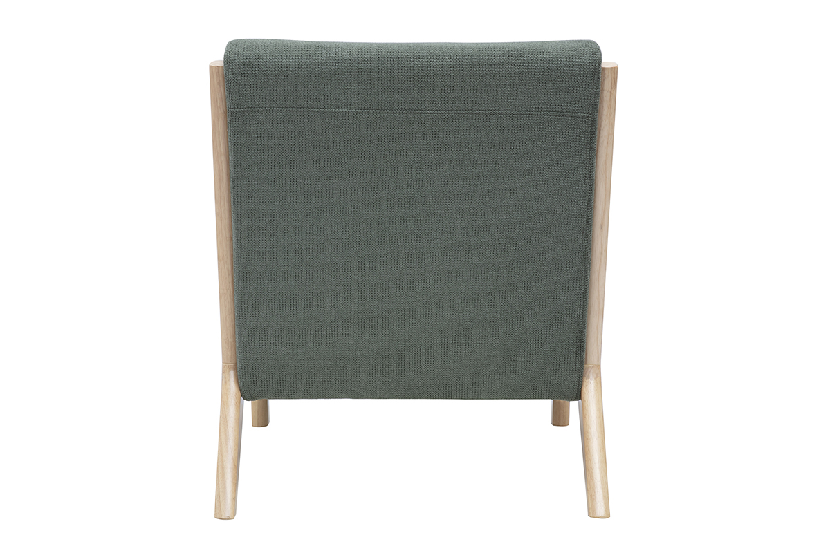 Fauteuil scandinave DERRY en tissu chenille vert kaki, vue de dos, avec structure en bois clair.