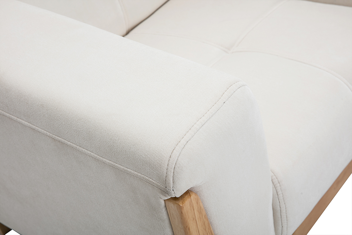 Fauteuil scandinave en tissu effet velours blanc cass� et bois clair FJORD