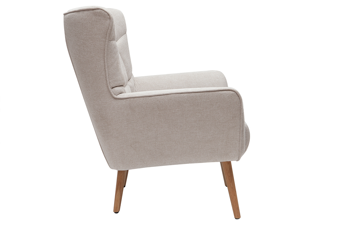 Fauteuil scandinave en tissu effet velours textur� beige et bois clair AVERY