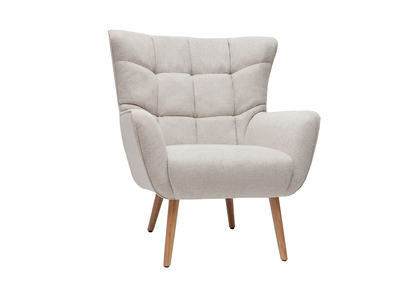 Fauteuil scandinave en tissu effet velours textur&eacute; beige et bois clair AVERY