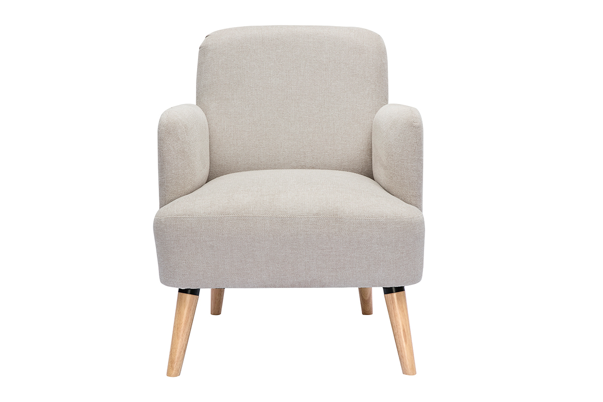 Fauteuil scandinave en tissu beige et pieds en bois, vue de face.