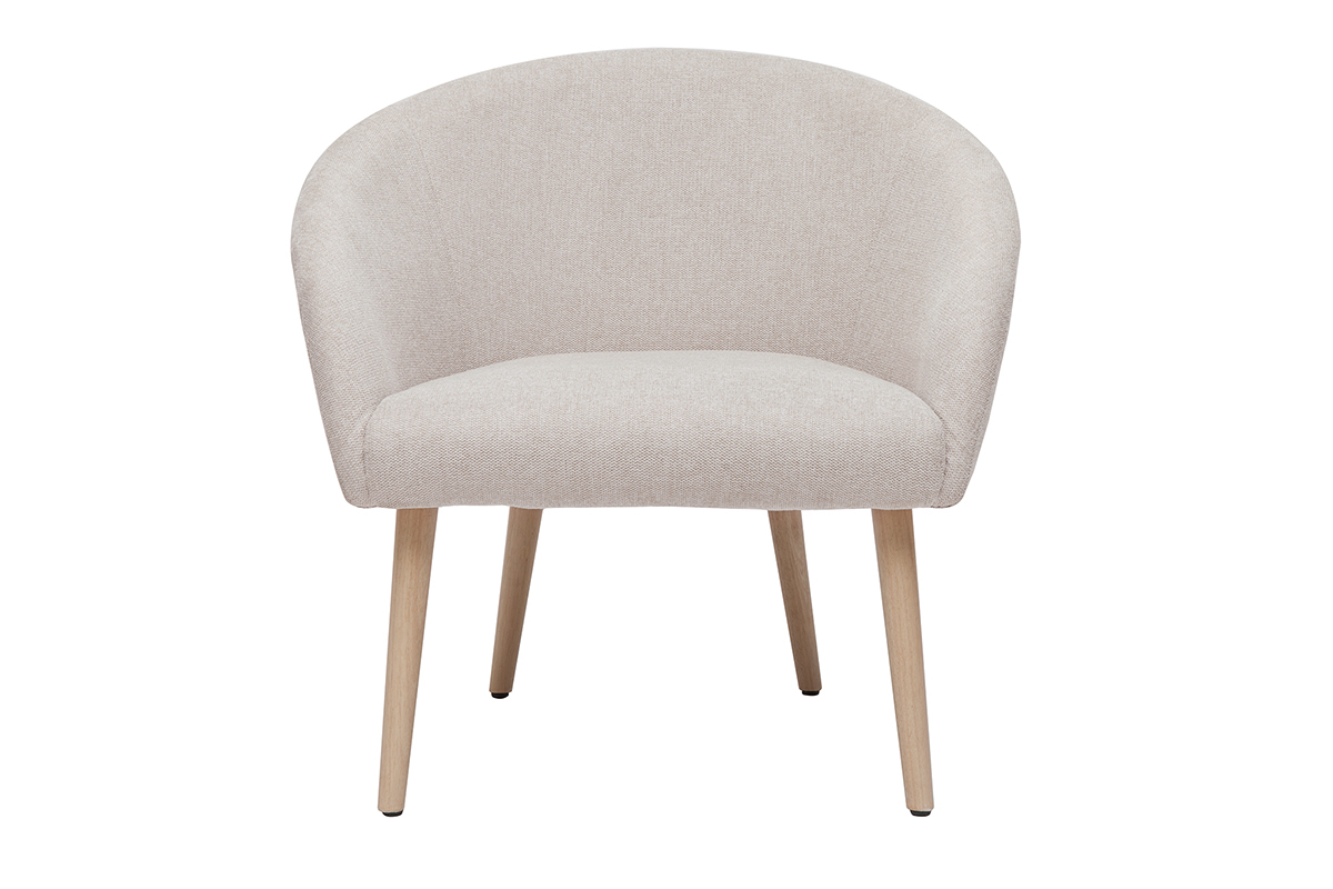 Fauteuil scandinave en tissu effet velours textur� beige et bois clair OLIVIA