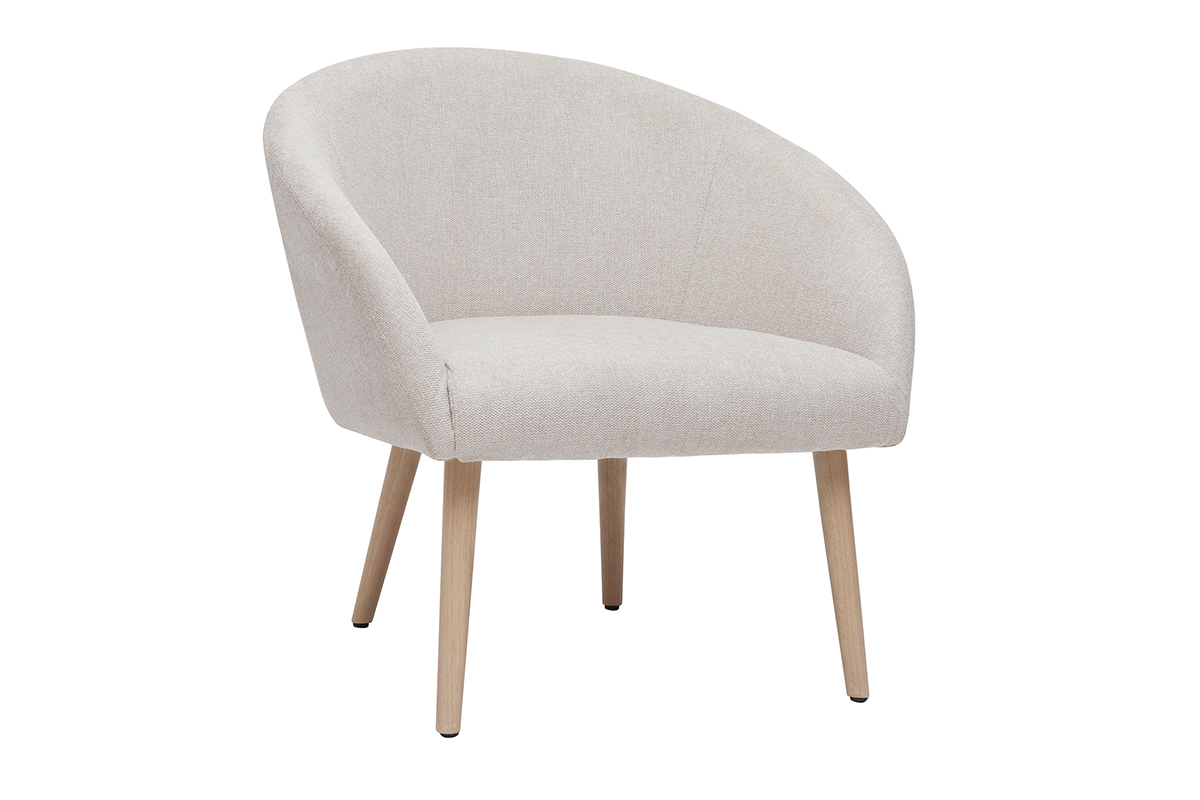 Fauteuil scandinave en tissu effet velours textur� beige et bois clair OLIVIA