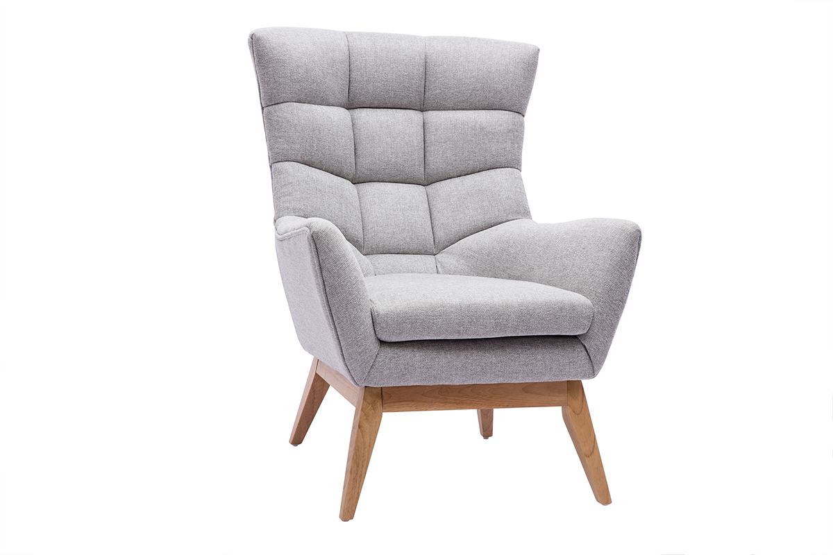 Fauteuil scandinave en tissu effet velours textur� gris clair et bois clair BRODY