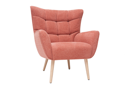 Fauteuil scandinave en tissu effet velours textur&eacute; terracotta et bois clair AVERY