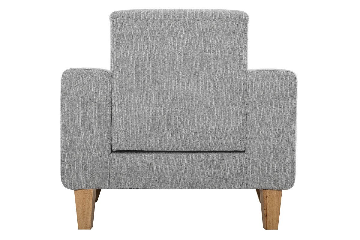 Fauteuil scandinave gris vue de dos, pieds en bois clair.