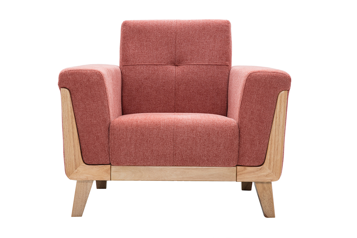 Fauteuil scandinave en tissu terracotta et bois clair vue de face.