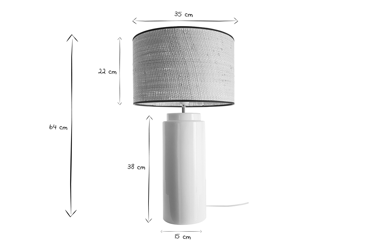 Lampe � poser en c�ramique, dimensions 64 cm de haut, abat-jour 35 cm de large, en noir et blanc.