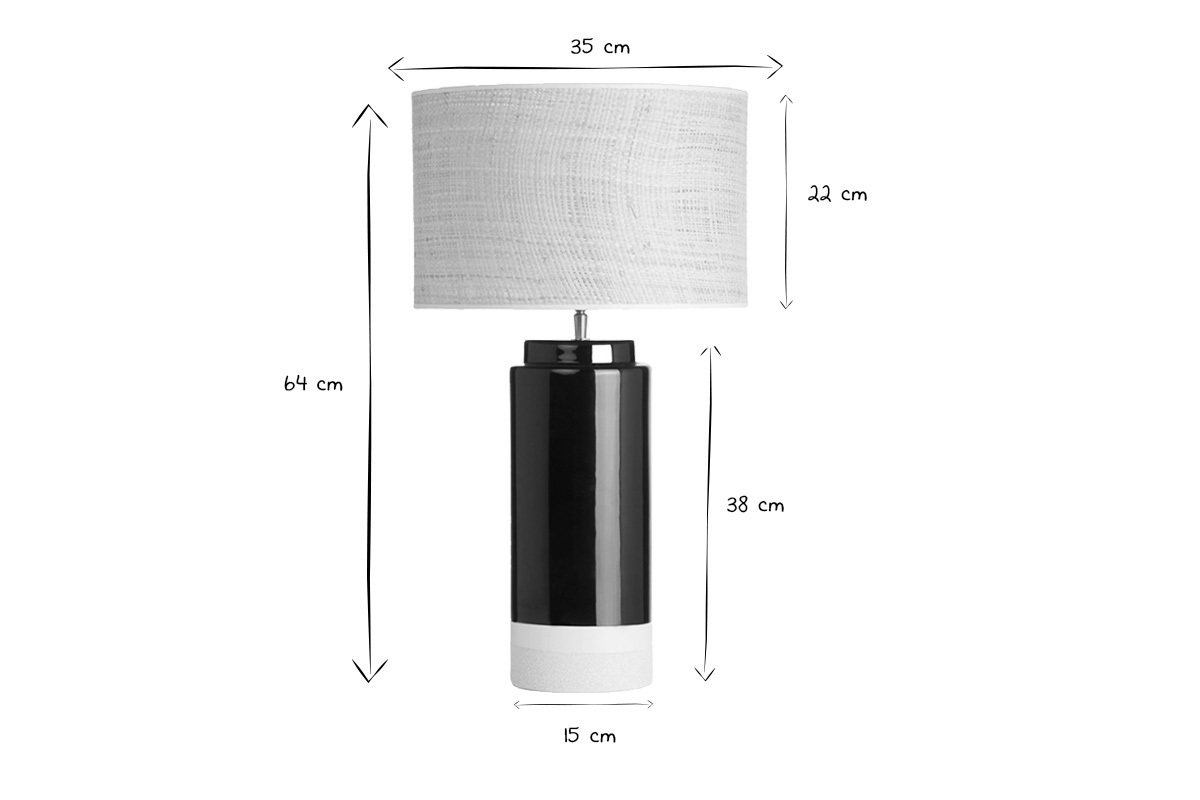 Dimensions de la lampe � poser noire en c�ramique H64 cm en noir et blanc.